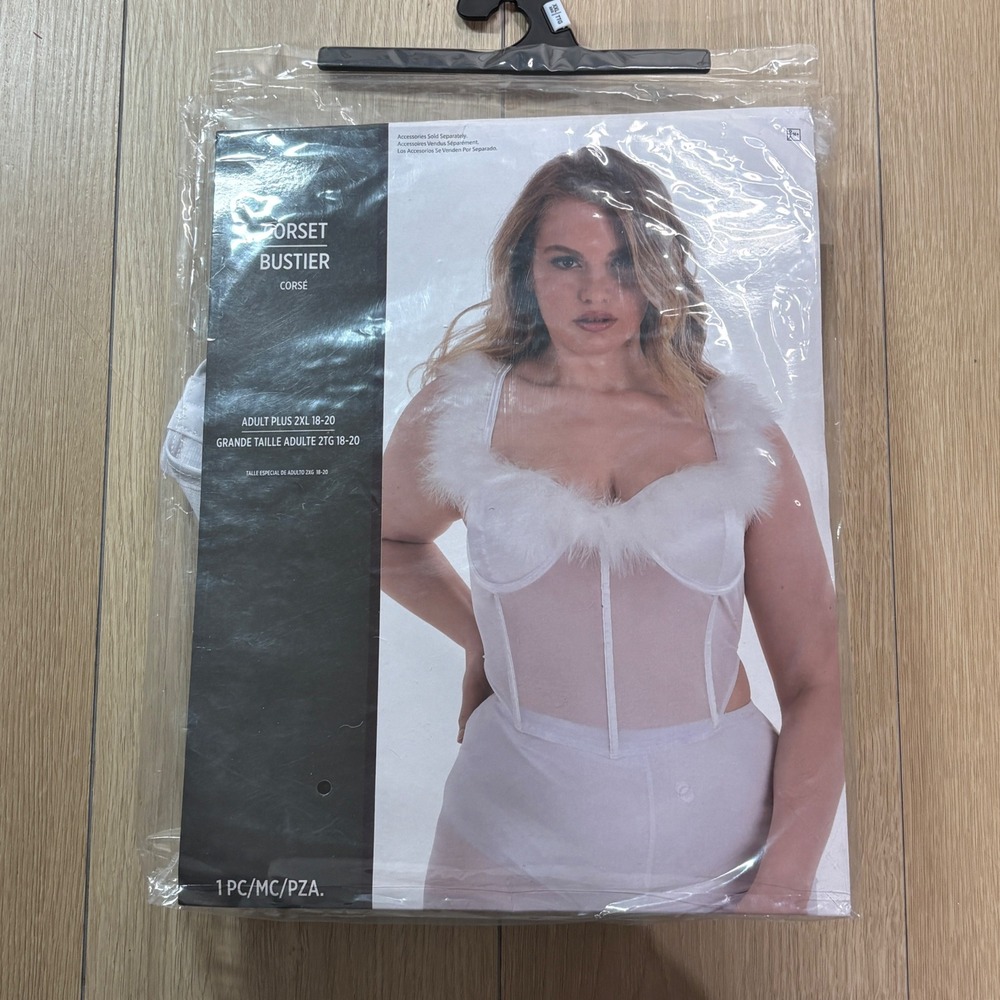White Faux Fur Trim Corset Bustier Top Halloween Plus 2XL 18-20 Sheer Costume